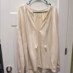 aerie Cream Hooded V-Neck Pullover with Drawstrings